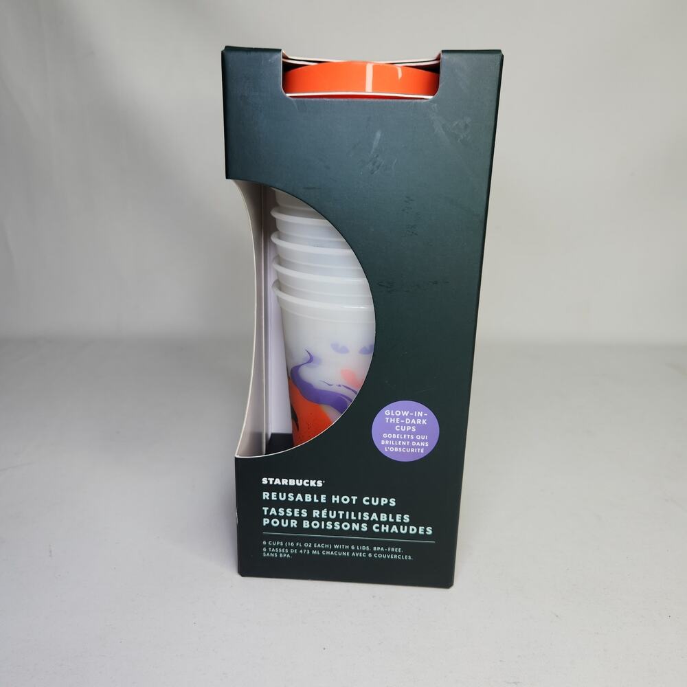 Starbucks Reusable Hot Cups Glow In the Dark Set of 6 with Lids 2022